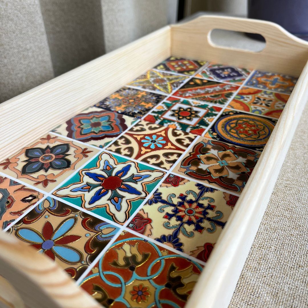 Serveringsbakke i keramik og træ - stor