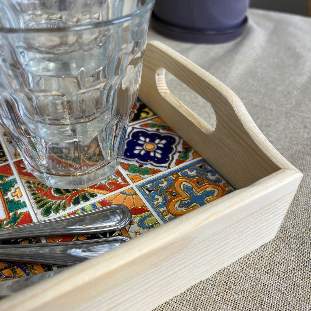 Serveringsbakke i keramik og træ - stor