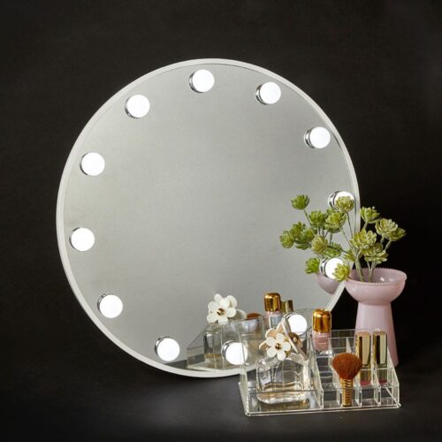 Make up spejl med 12 pærer Ø50 cm med kabel hvid