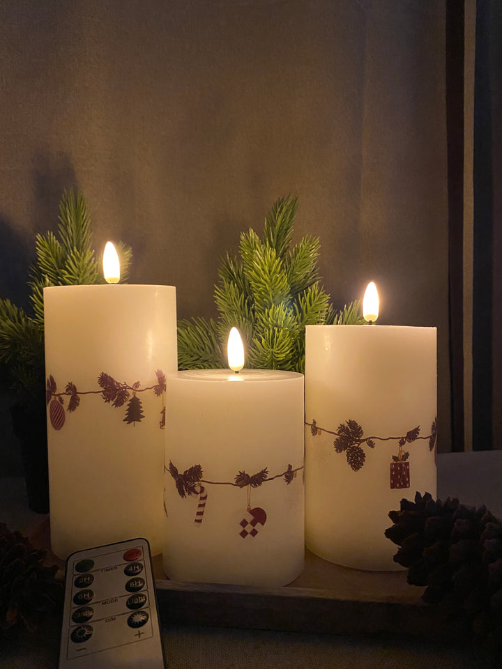 LED vokslys 3 stk. juleguirlande - med fjernbetjening