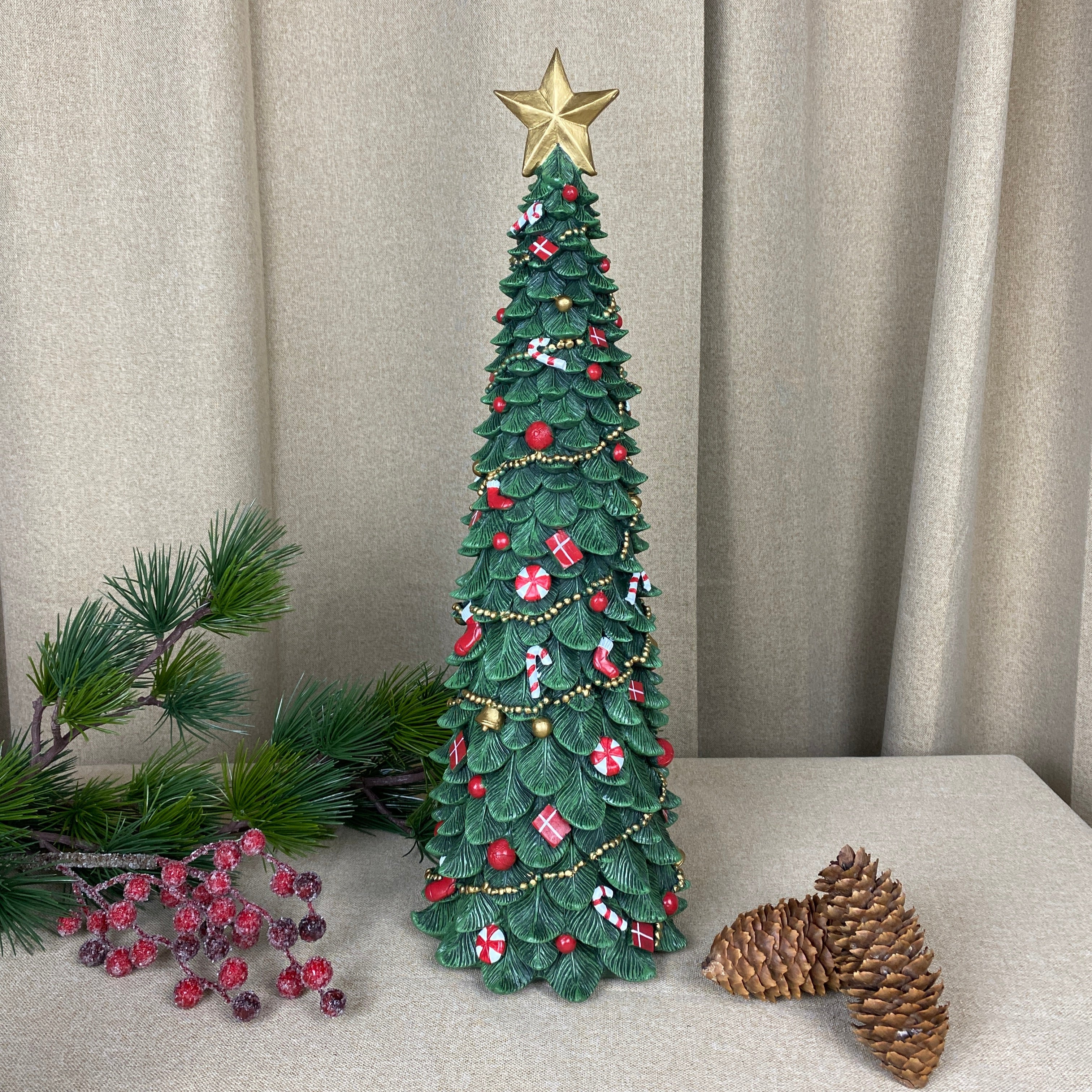 Juletræ med pynt 50 cm polyresin mørk grøn