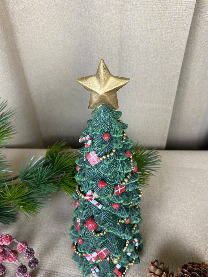 Juletræ med pynt 33 cm polyresin mørk grøn