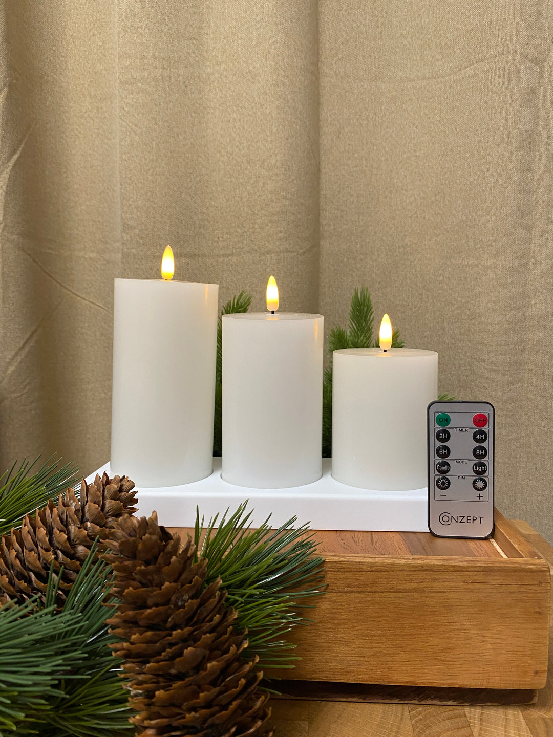 Conzept Electric - LED opladelige bloklys sæt med 3 stk. - 3D flamme med fjernbetjening, timerfunktion og opladningsstation