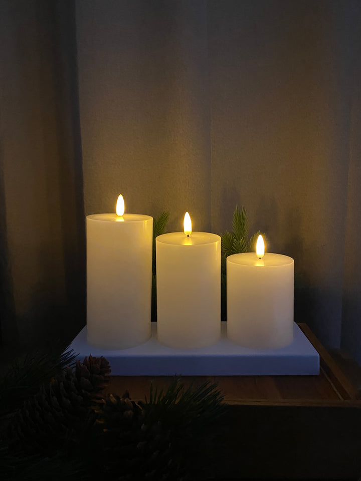 Conzept Electric - LED opladelige bloklys sæt med 3 stk. - 3D flamme med fjernbetjening, timerfunktion og opladningsstation