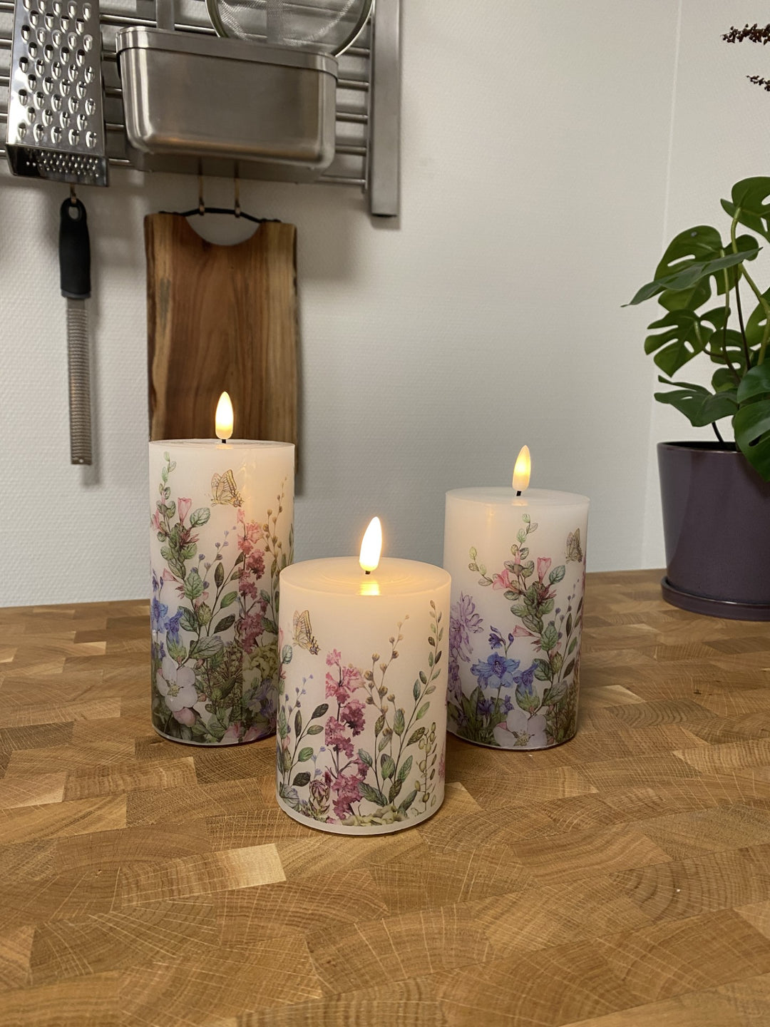 LED bloklys sæt med 3 stk. - flora  med fjernbetjening og timerfunktion