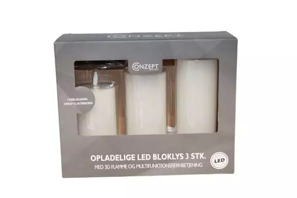 Conzept Electric - LED opladelige bloklys sæt med 3 stk. - 3D flamme med fjernbetjening, timerfunktion og opladningsstation