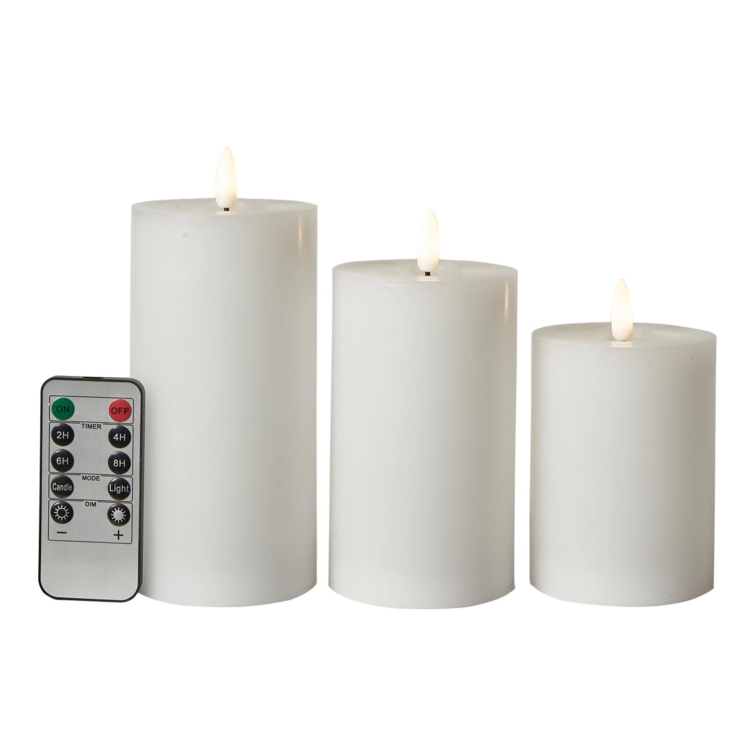 LED Bloklys 3 stk. med fjernbetjening - Ø7,5 cm - Hvid