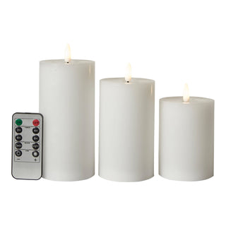 3 LED blockljus med 3D-flamma och fjärrkontroll Ø7,5 cm - Vit