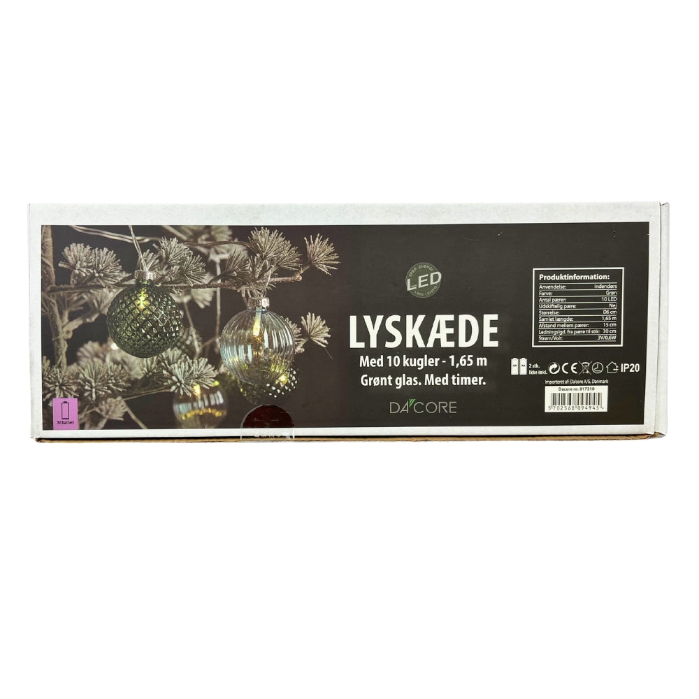 Conzept - Lyskæde kugle D6 cm 10 LED batteri timer glas grøn