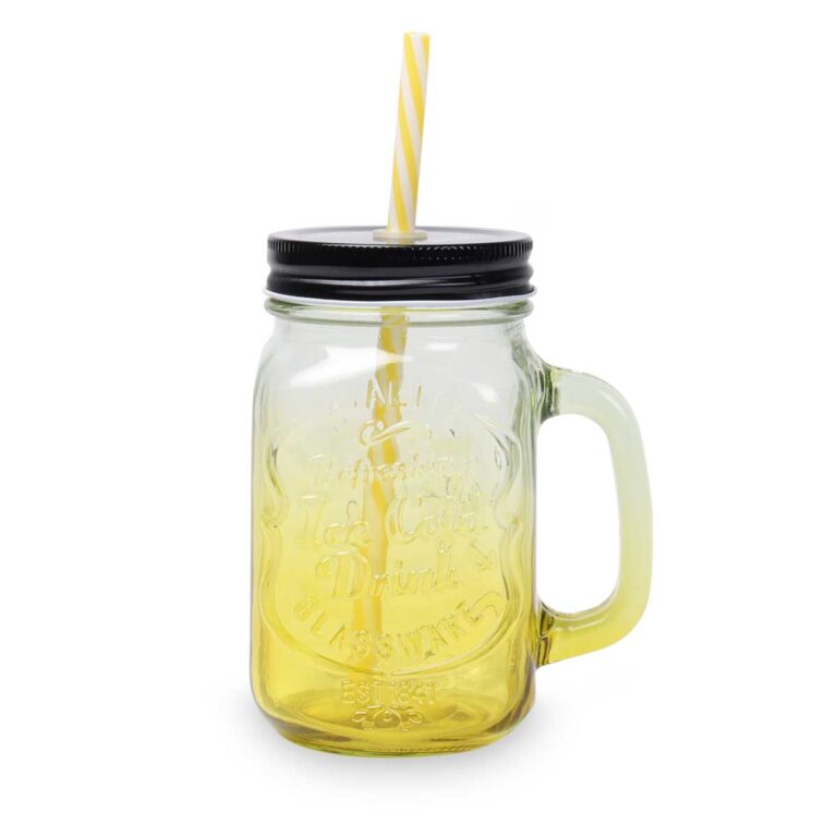 Drikkeglas med låg og sugerør 450 ml. gul