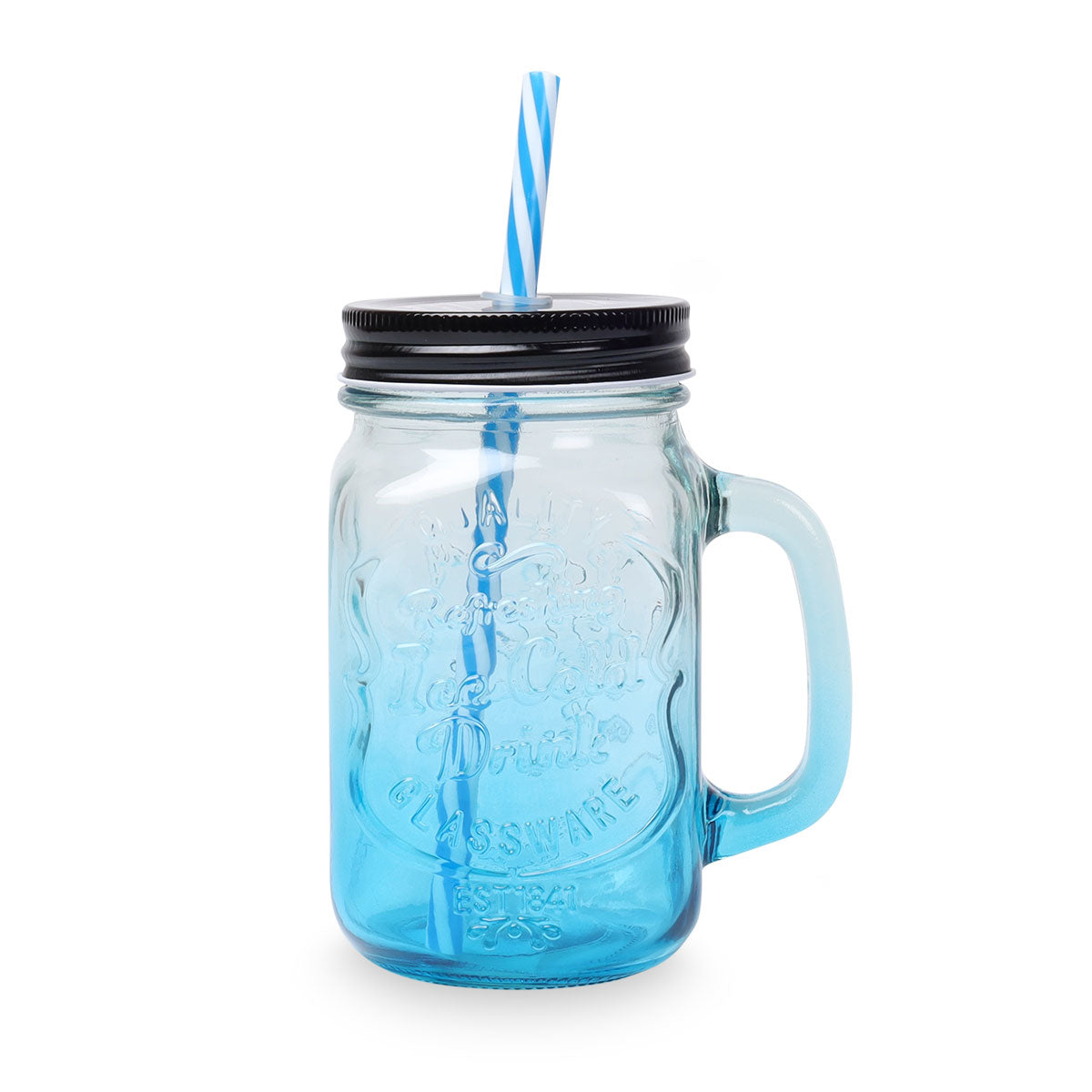 Drikkeglas med låg og sugerør 450 ml. blå