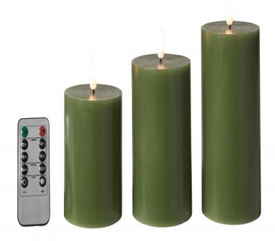 LED bloklys flad top 3 stk. - med fjernbetjening - oliven
