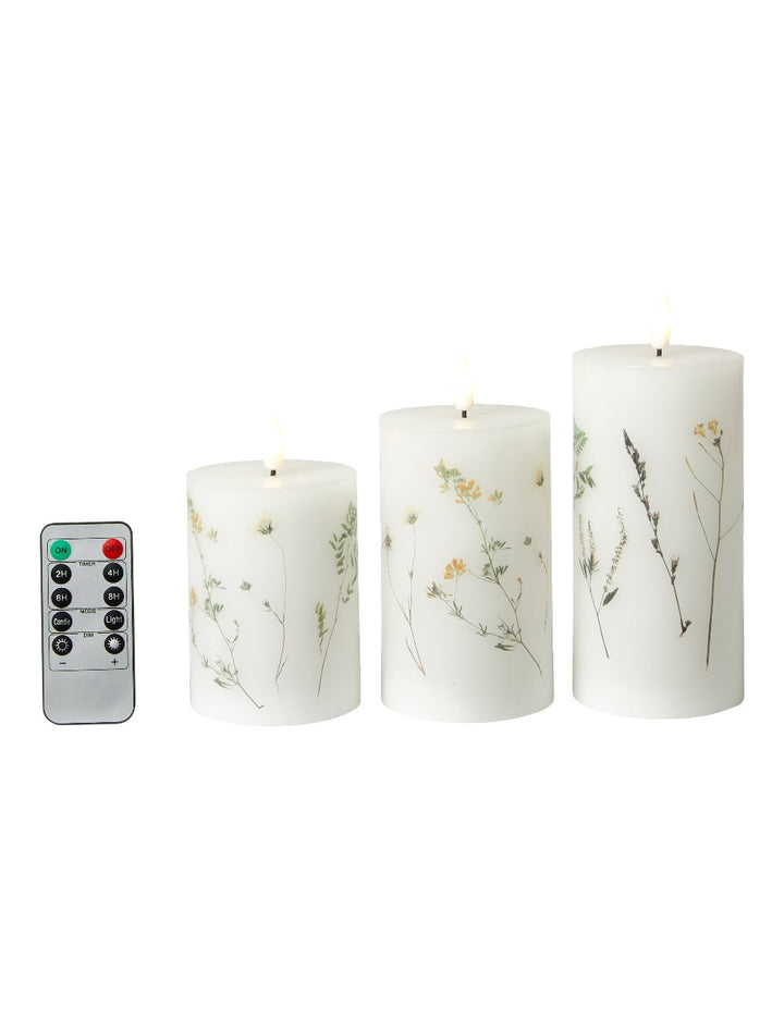 LED bloklys blomst S/3 - D7,5x10/12,5/15 cm remote hvid