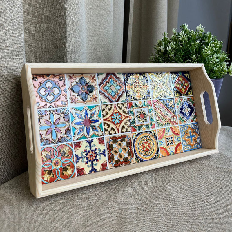 Serviertablett aus Keramik und Holz - groß