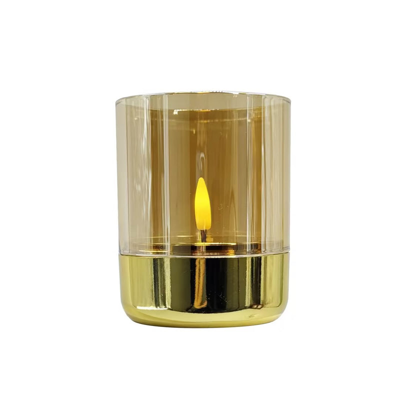 LED-Stabkerze gold für Batterie mit 3D-Flamme 7x8,5 cm, 2 Stk. mit Timer