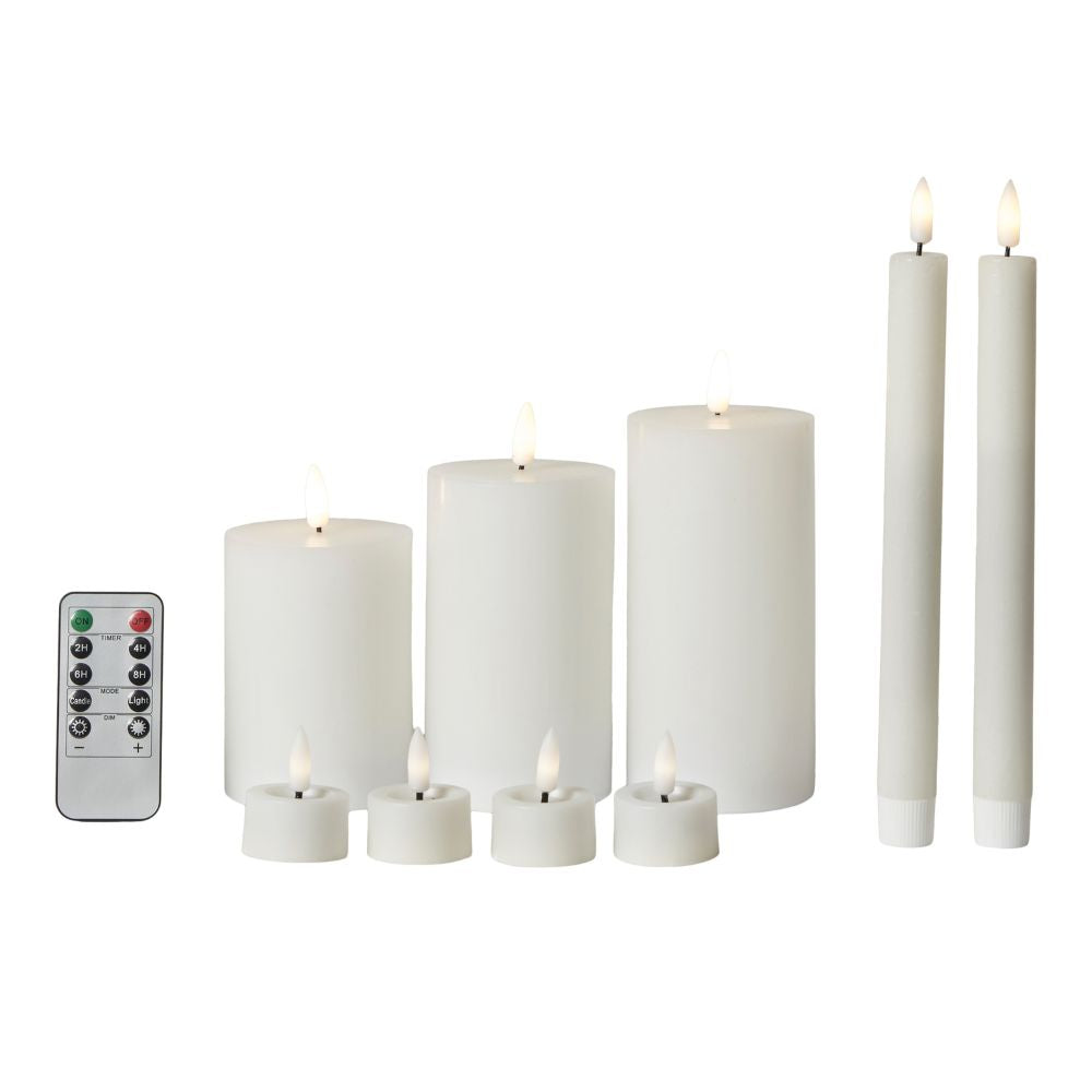 LED lyssæt 10 stk. 3 bloklys, 2 stagelys, 4 fyrfadslys, 1 remote