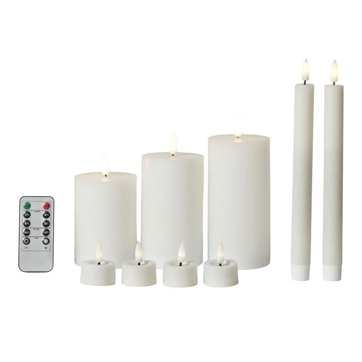 LED lyssæt 10 stk. 3 bloklys, 2 stagelys, 4 fyrfadslys, 1 remote