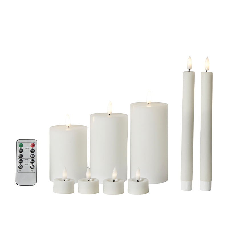 LED-Lichterkette, 10-teilig – 3 Blockkerzen, 2 Kerzenlichter, 4 Teelichter, 1 Fernbedienung mit Timerfunktion