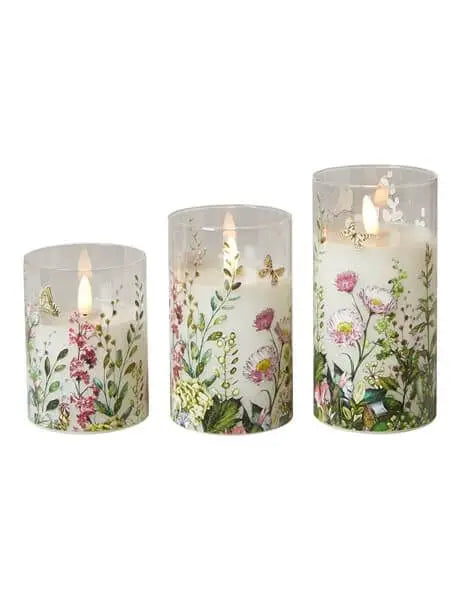 LED Cylinder Glas – Sæt af 3 med fjernbetjening – Blomst Lilla – Ø7,5 x H10/12,5/15 cm
