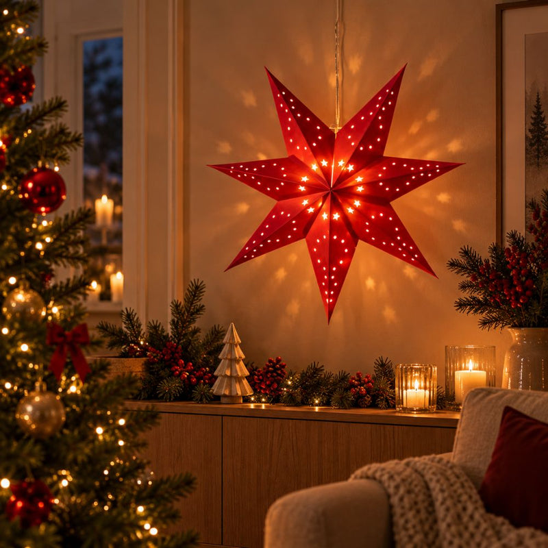 Papierstern 40 cm mit 10 LEDs, Batteriefach, rot