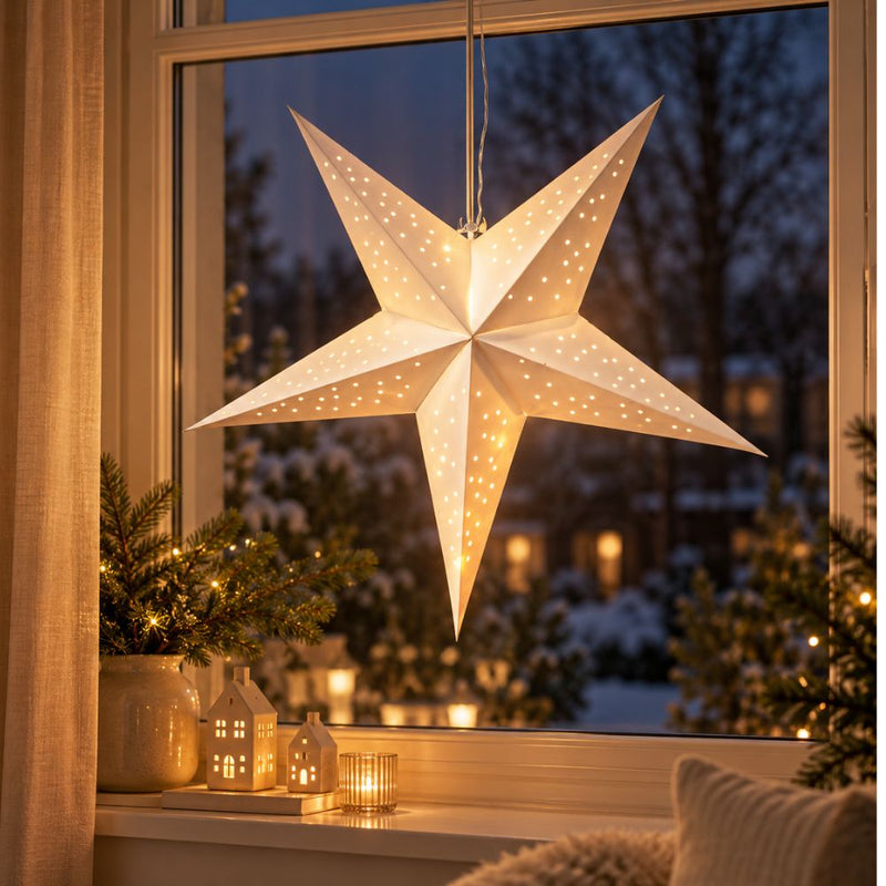 Papierstern 60 cm mit 10 LEDs, Batteriefach, weiß