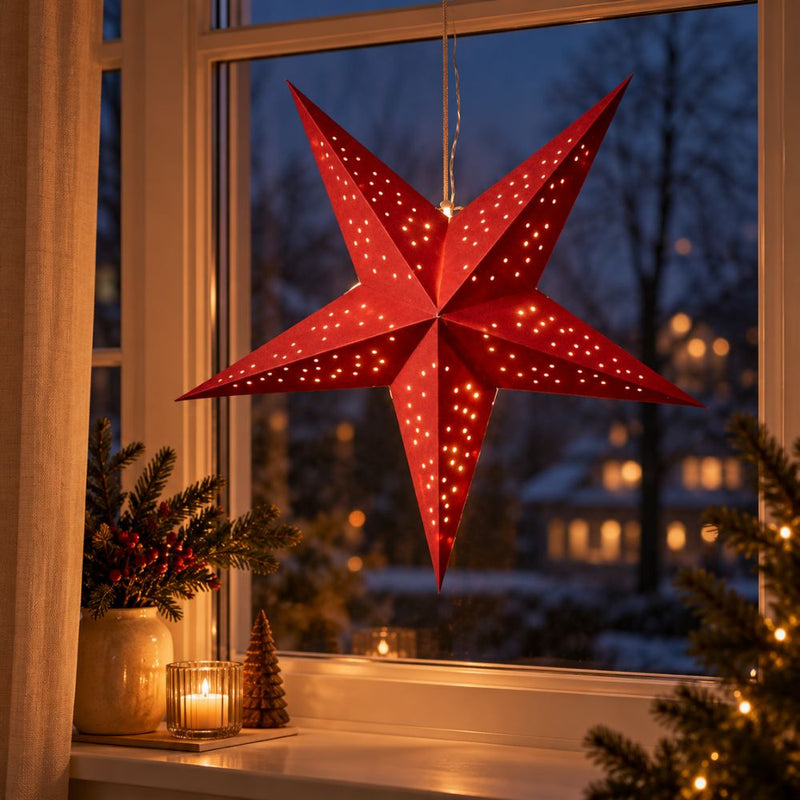 Papierstern 60 cm mit 10 LEDs, Batteriefach, rot