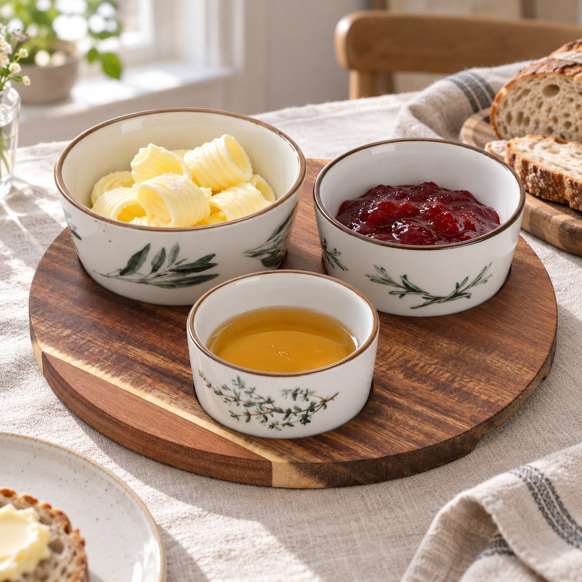 Serveringssæt til brunch med smør, syltetøj og honning