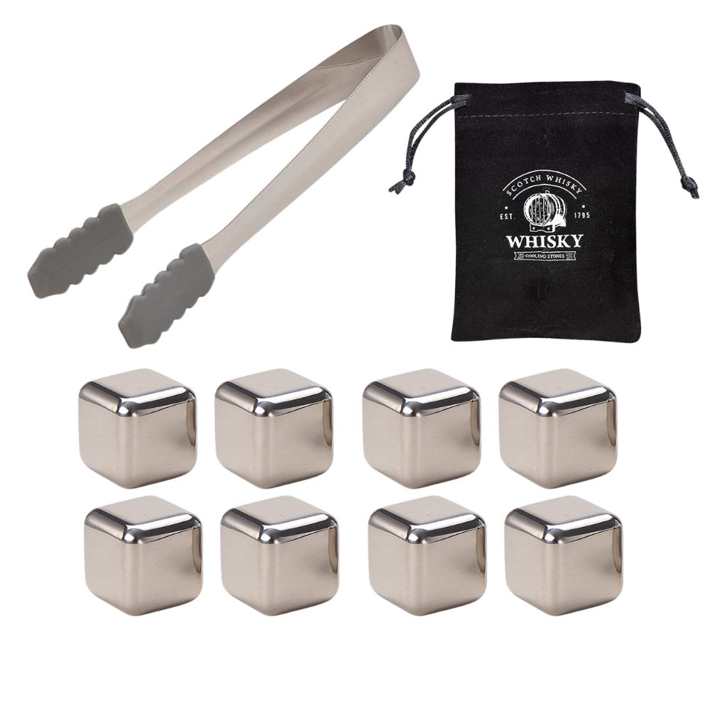 Whiskystenar 8 st. med tång och sammetspåse 