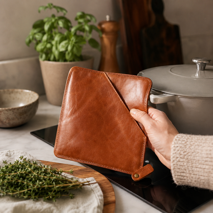 Topflappen mit Tasche 20x20 cm Leder matt Cognac