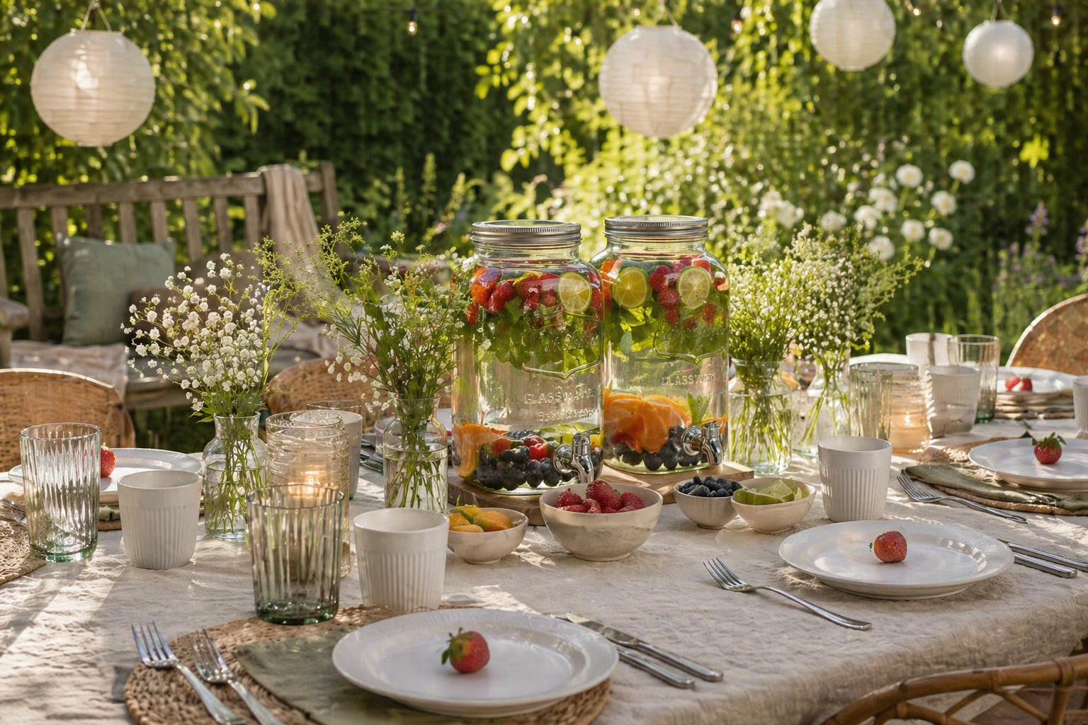 Sommerlig borddækning i haven med saftdispensere, frugt, glas og lanterner — Sommer favoritter hos Hej Holger