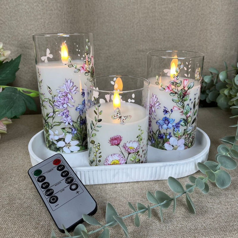 3 LED-Leuchten in zylindrischem Glas – Blumenmotiv und Fernbedienung