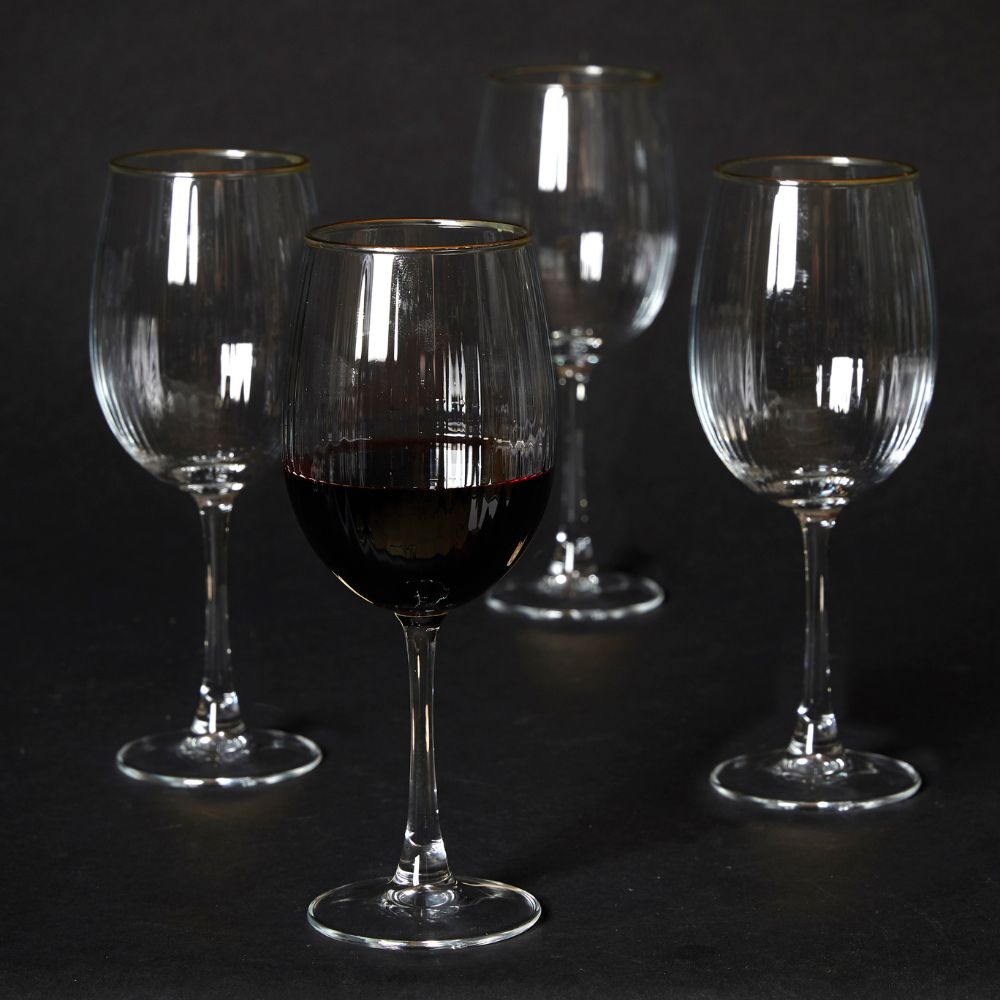 Rotweinglas 45 cl, geriffelt mit Goldrand