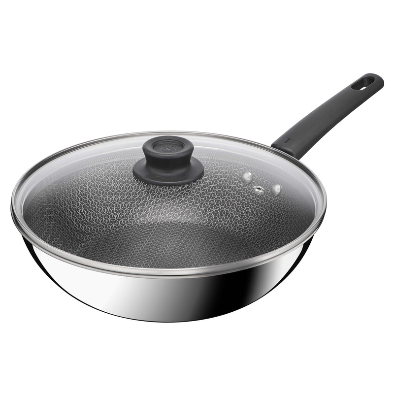 Tefal Emotion Plus Power SS Tri-Ply Netz PFTE Wokpfanne 28 cm mit Deckel