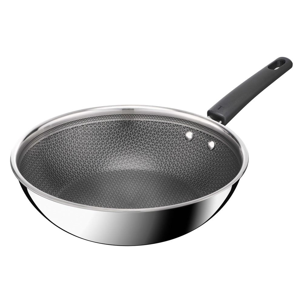 Tefal Emotion Plus Power SS Tri-Ply Netz PFTE Wokpfanne 28 cm mit Deckel