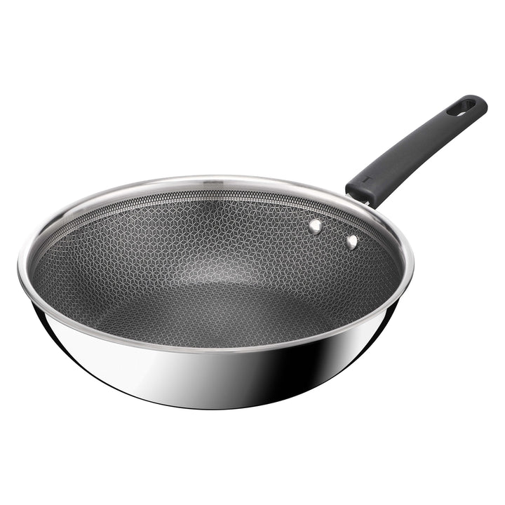 Tefal Emotion Plus Power SS Tri-Ply Netz PFTE Wokpfanne 28 cm mit Deckel