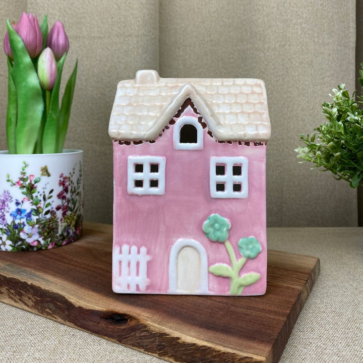 Lyshus til fyrfad 12x8,3x17 cm keramik rosa