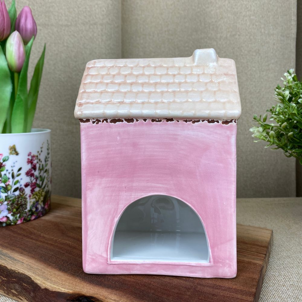 Lyshus til fyrfad 12x8,3x17 cm keramik rosa