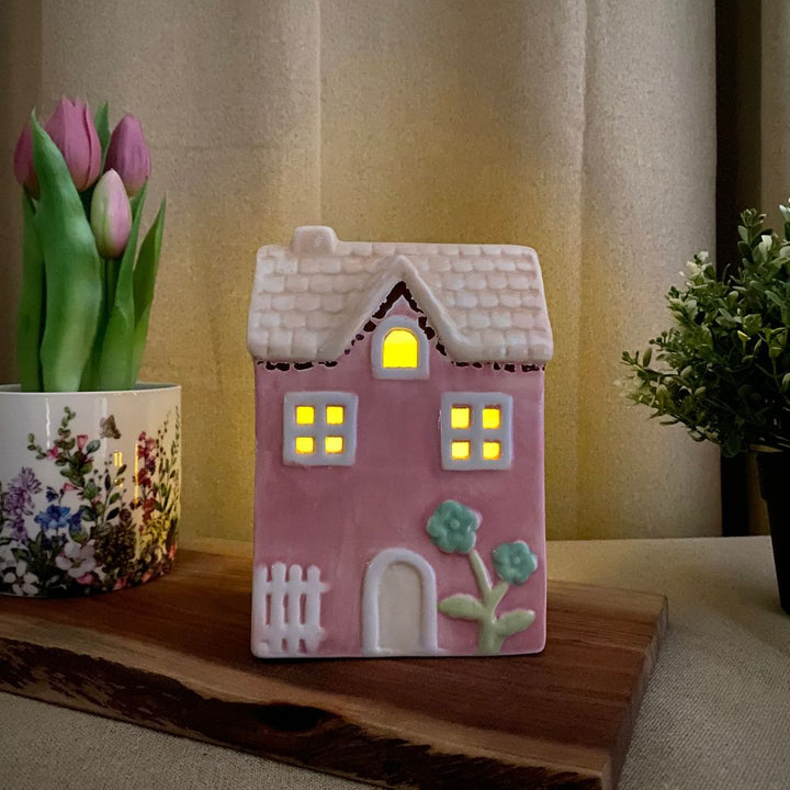 Lyshus til fyrfad 12x8,3x17 cm keramik rosa