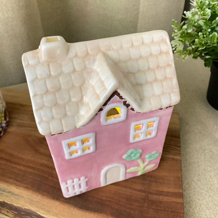 Lyshus til fyrfad 12x8,3x17 cm keramik rosa