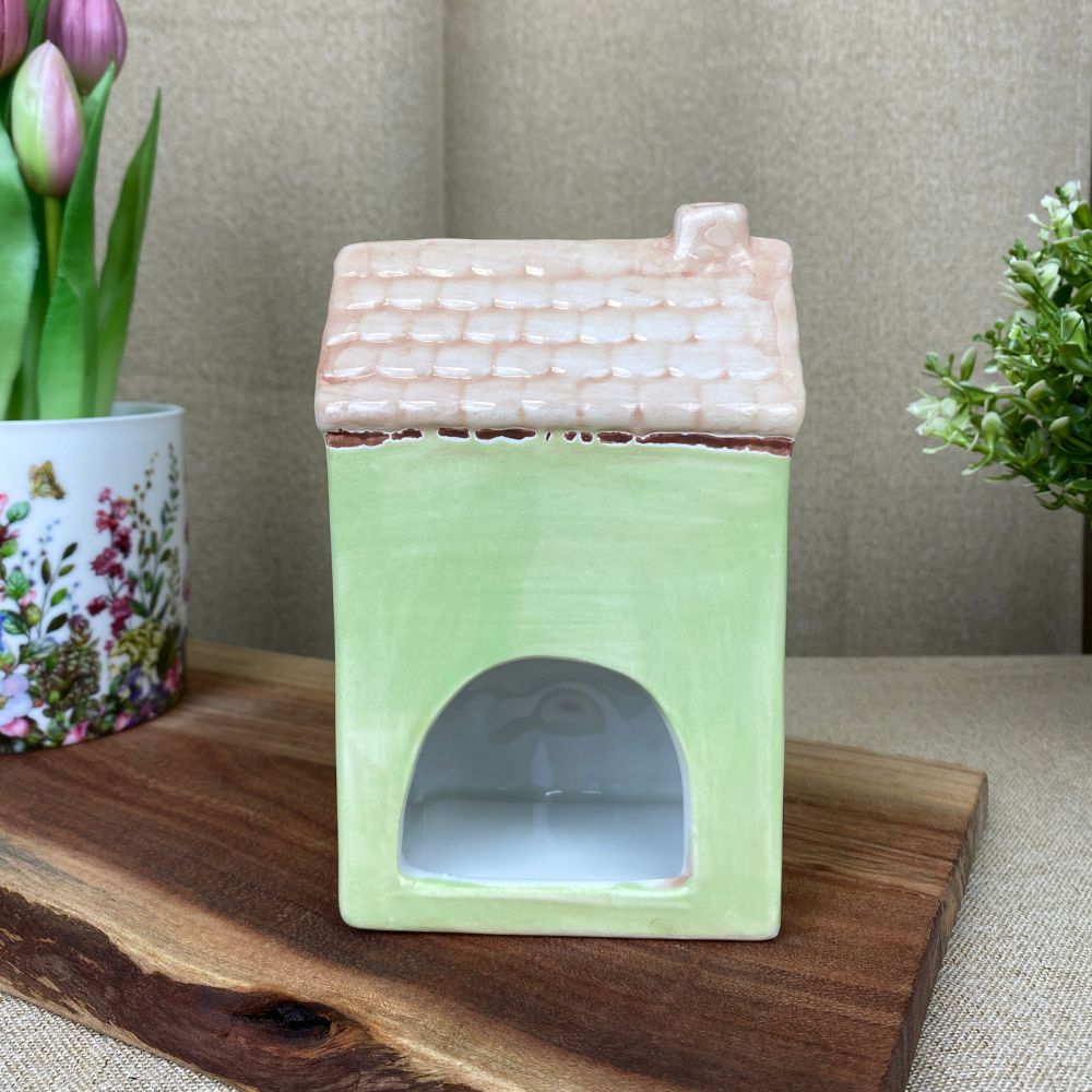 Lyshus til fyrfad 9,5x6,5x15 cm keramik grøn