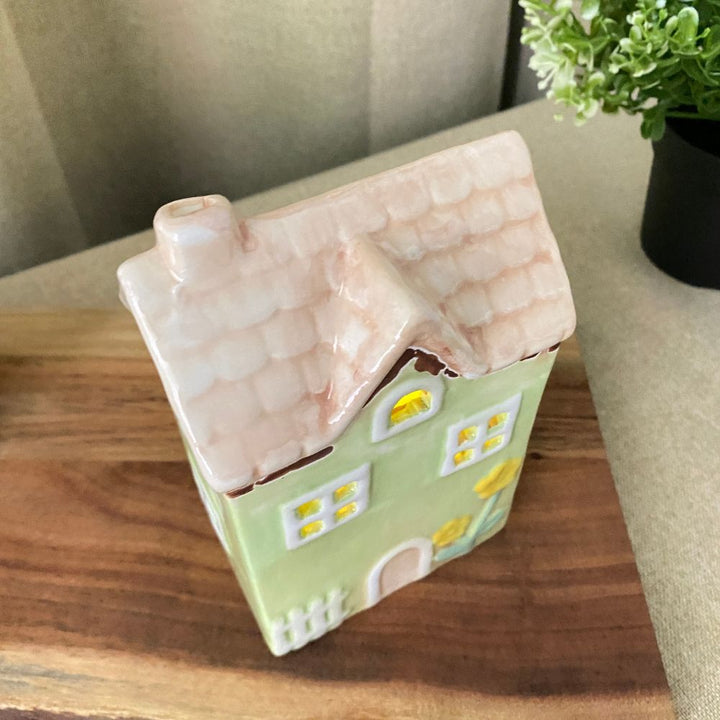 Lyshus til fyrfad 9,5x6,5x15 cm keramik grøn