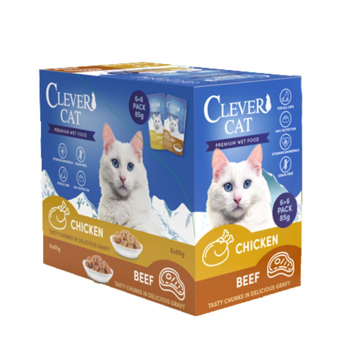 Clever Cat - Vådfoder- 12 stk - okse og kylling