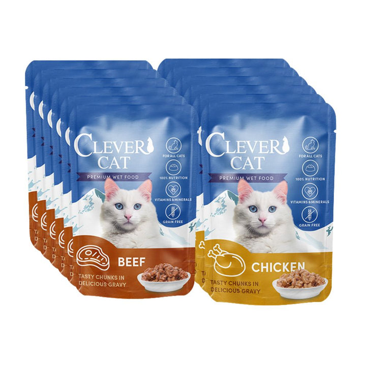 Clever Cat - Vådfoder- 12 stk - okse og kylling