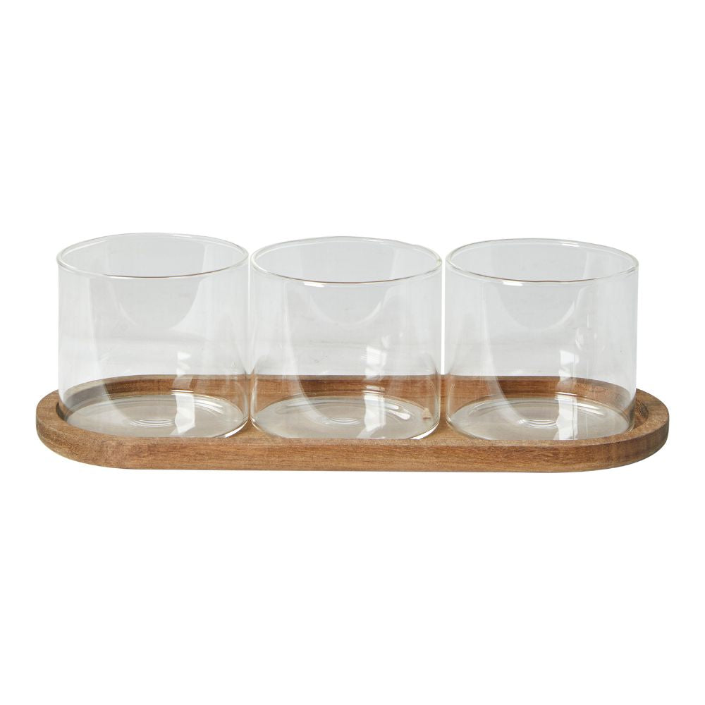 Serveringssæt - Fad med 3 skåle glas/akacie