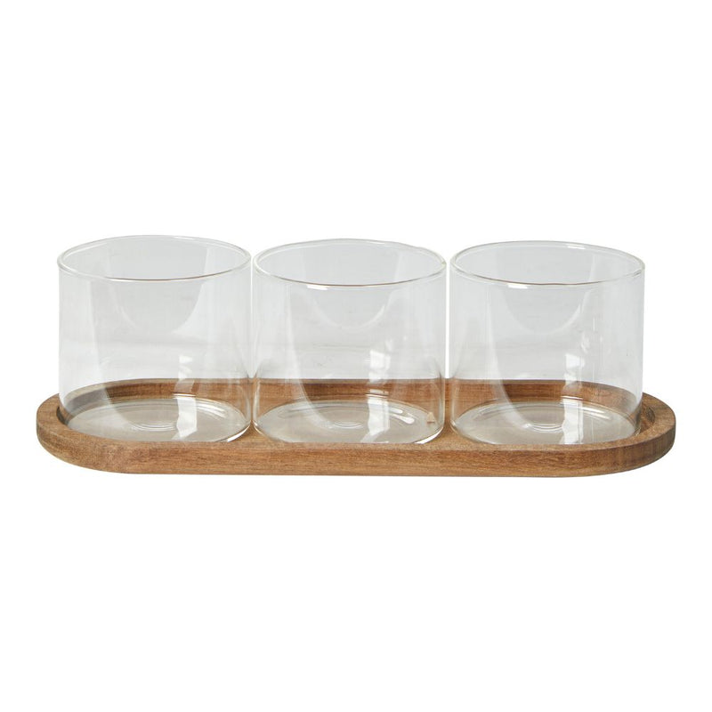 Servierset – Platte mit 3 Schalen Glas/Akazie