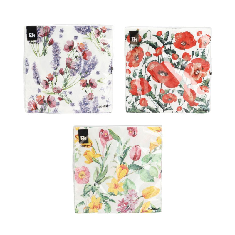 Servetter med blommor - 16 st. 33x33cm - assorterade mönster