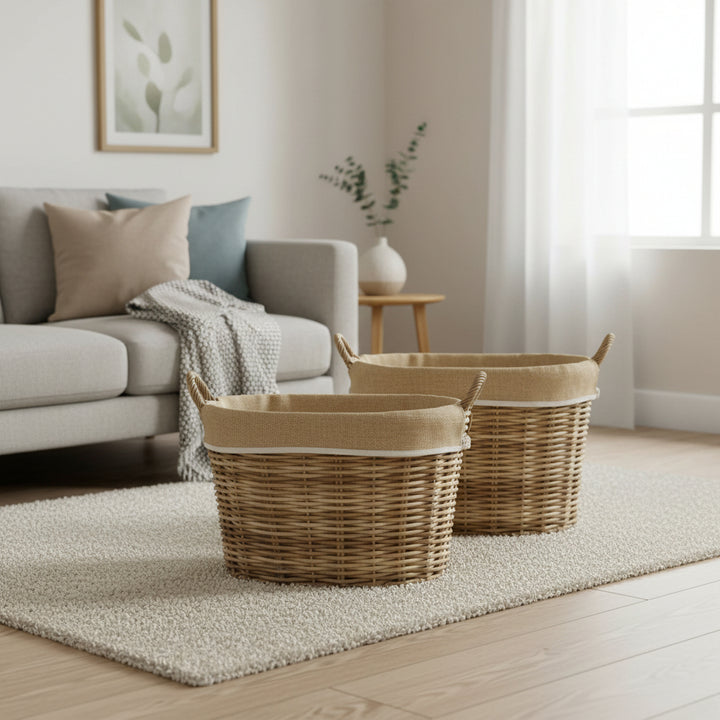 Kurvesæt 2 stk i pileflet - med hank og linned - natur farvet 60x46x35 53x39x30