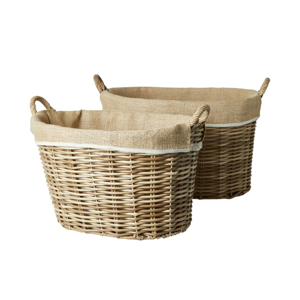 Kurvesæt 2 stk i pileflet - med hank og linned - natur farvet 60x46x35 53x39x30
