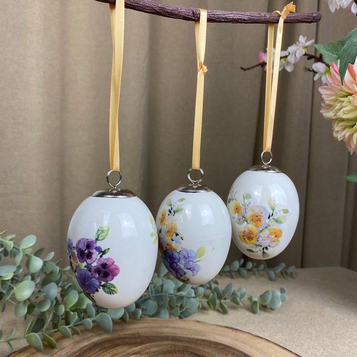 Dekorations æg til ophæng 1 stk. - ass. design stedmoderblomster