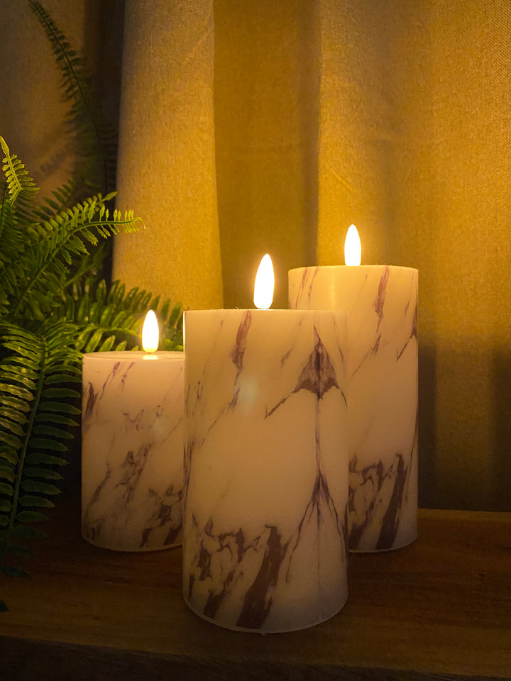 LED Bloklys sæt 3 stk. med marmor look - fjernbetjening med timerfunktion